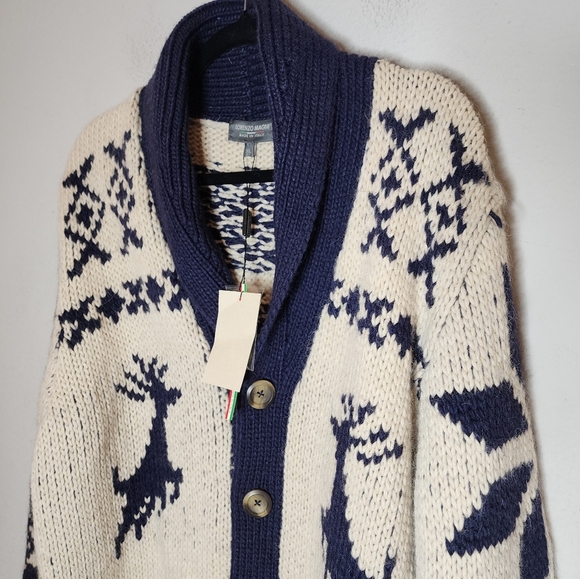 NWT Lorenzo Magni Italy Wool Alpaca Blend Chunky Knit Cardigan Deer Snowflake XL - Picture 5 of 16